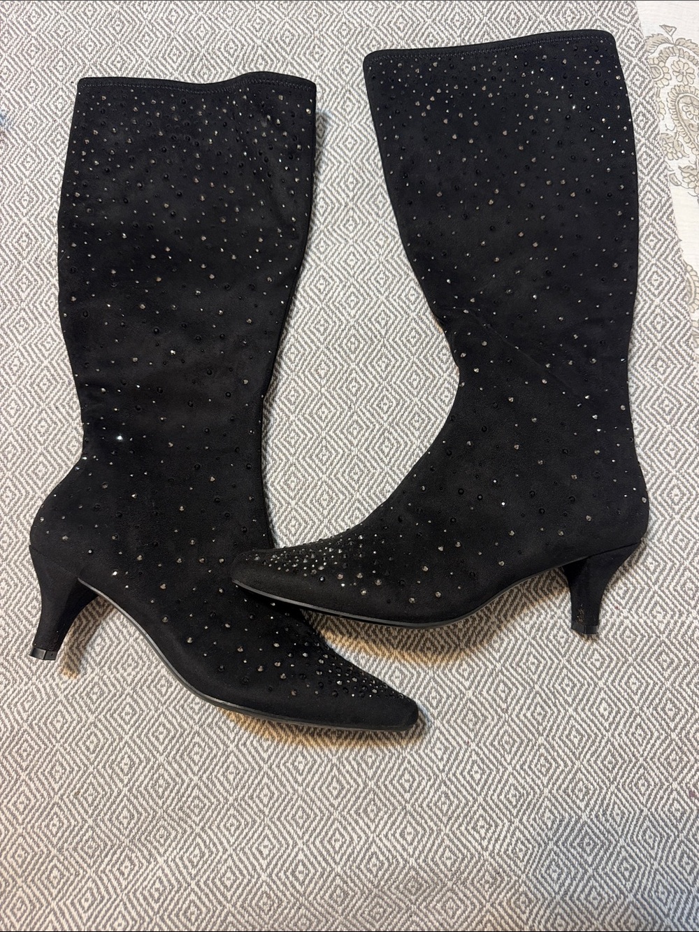 Impo Black Suede Mid-Calf Heeled Boots with Sparkle Studs